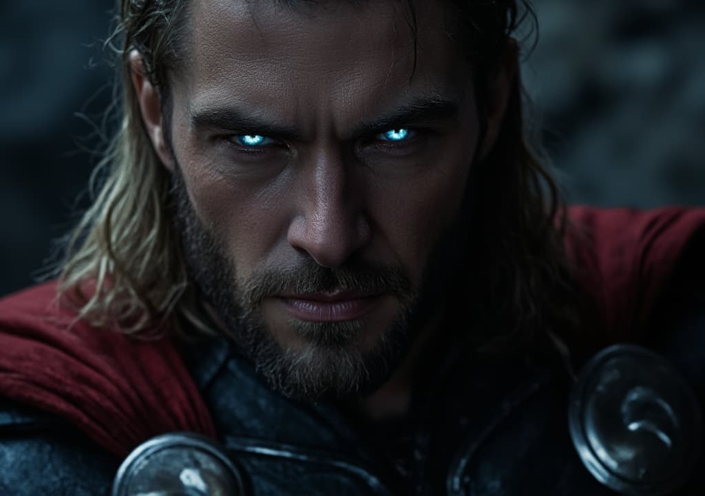  good quality, high quality, a hyper realistic close up portrait of thor, with his glowing blue eyes piercing through the darkness, wearing hus iconic red cape and blue armor, with intricate details, looking directly to the camera , asgard blurred background , emphasizes his fierce presence, dark palette, cinematic, epic realism,8k, highly detailed