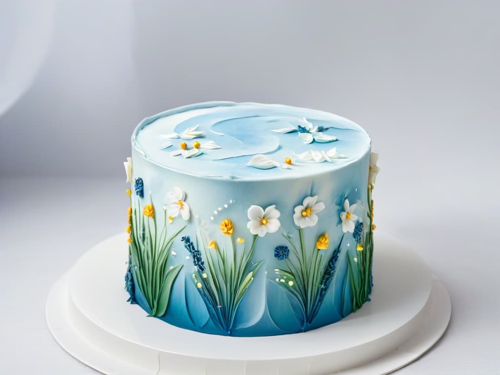  A closeup, ultradetailed image of a delicate hand painting intricate floral designs on a fondant cake using vibrant edible watercolor paints. The focus is on the meticulous brush strokes and blending of colors, showcasing the artistry and precision involved in contemporary cake painting trends. hyperrealistic, full body, detailed clothing, highly detailed, cinematic lighting, stunningly beautiful, intricate, sharp focus, f/1. 8, 85mm, (centered image composition), (professionally color graded), ((bright soft diffused light)), volumetric fog, trending on instagram, trending on tumblr, HDR 4K, 8K