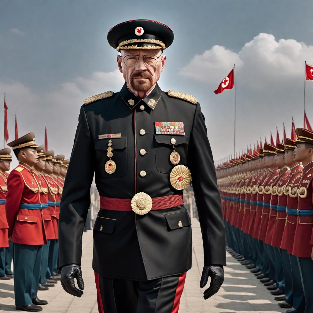  Walter White from Breaking Bad depicted as a North Korean general. He's wearing an elaborate black Korean Mao suit with four pockets, adorned with prominent military medals, and he dons a North Korean general's hat. Walter White should be captured with a stern, authoritative expression as he stands at a high vantage point overseeing a military parade. The parade must be detailed, showcasing rows of soldiers in the background, to convey the scale and solemnity of the event. hyperrealistic, full body, detailed clothing, highly detailed, cinematic lighting, stunningly beautiful, intricate, sharp focus, f/1. 8, 85mm, (centered image composition), (professionally color graded), ((bright soft diffused light)), volumetric fog, trending on instagram, trending on tumblr, HDR 4K, 8K