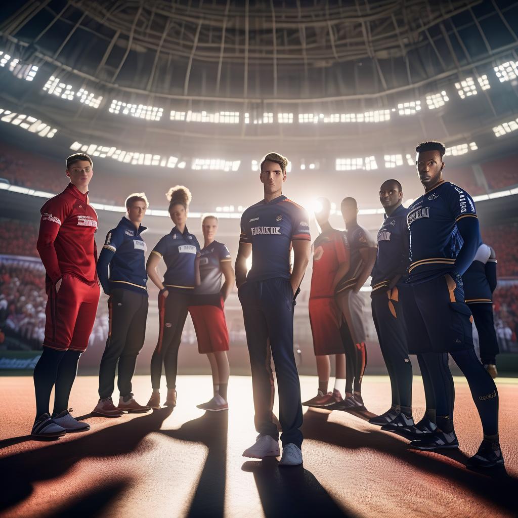  ['The major university team will compete in the popular sport programme this summer.']. All the characters, masterpiece, best quality, symmetrical balance, beautiful surroundings, lots of details, detailed clothing, highly detailed, cinematic lighting, stunningly beautiful, intricate, sharp focus, f\/1. 8, 85mm, volumetric fog, HDR 4K, 8K