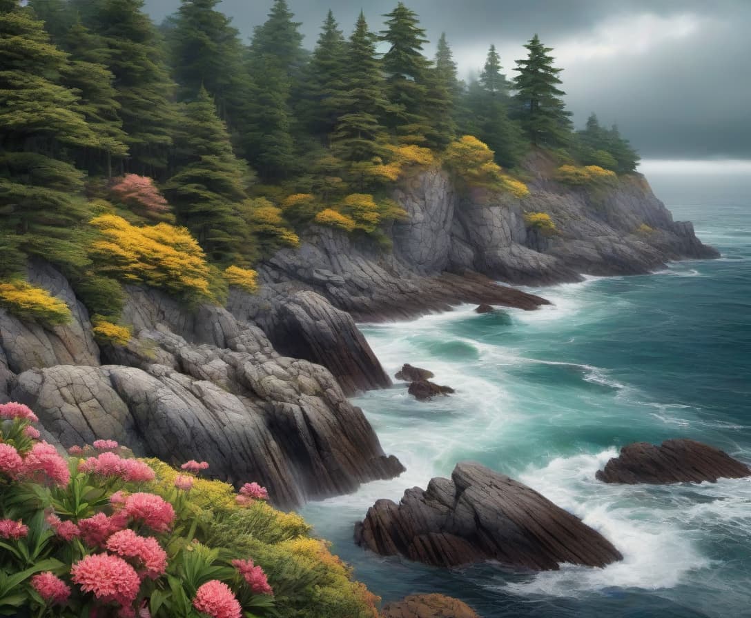  manga style Magnificent seascape. Evening, raging sea, huge waves beating on the rocky shore covered with coniferous forest, thunderstorm, rain, flowers, spectacular colour, photorealism, hyper detalisation, dispersion, shimmer, 3D effect,16k, surrealism, meticulous detailing, volumetric layered watercolour, dark botanical, realistic, horror, vintage, UltraHD, HDR. A work of art in the style of Ruben . vibrant, high energy, detailed, iconic, Japanese comic style hyperrealistic, full body, detailed clothing, highly detailed, cinematic lighting, stunningly beautiful, intricate, sharp focus, f/1. 8, 85mm, (centered image composition), (professionally color graded), ((bright soft diffused light)), volumetric fog, trending on instagram, trending on tumblr, HDR 4K, 8K