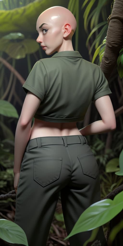  bald girl in the jungle, takes off her pants, back