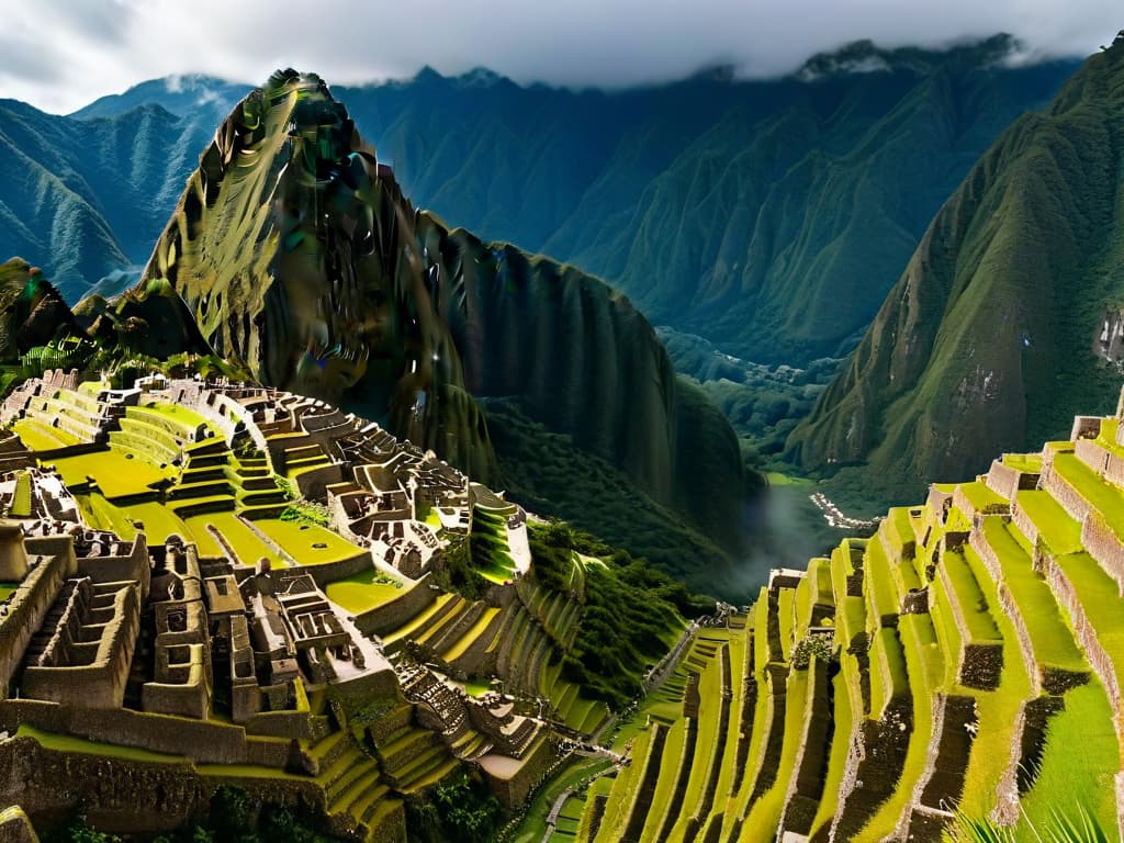  A breathtaking aerial view of the iconic Machu Picchu ruins nestled amongst lush green mountains in Peru, capturing the ancient Incan citadel's grandeur and mystique. The sun casts a soft golden glow over the terraced ruins, enhancing the intricate stonework and dramatic landscape. The image exudes a sense of mystery and adventure, perfectly encapsulating the rich culinary heritage and cultural allure of South America. hyperrealistic, full body, detailed clothing, highly detailed, cinematic lighting, stunningly beautiful, intricate, sharp focus, f/1. 8, 85mm, (centered image composition), (professionally color graded), ((bright soft diffused light)), volumetric fog, trending on instagram, trending on tumblr, HDR 4K, 8K