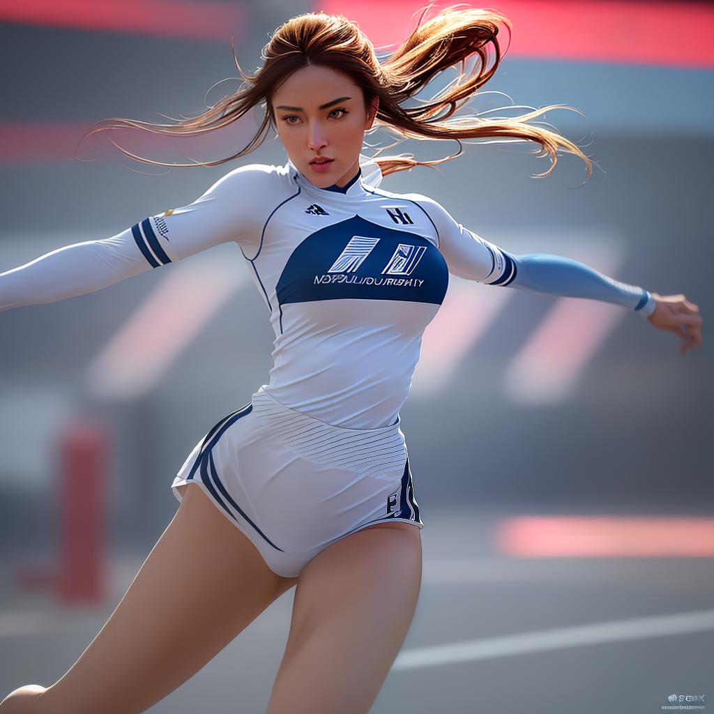  ((masterpiece)), (((best quality))), 8k, high detailed, ultra-detailed. An extraordinary poster showcasing fashionable sports clothing with a real person running. The main subject, a female athlete, exudes strength and confidence as she sprints towards the viewer. The background is a blur of vibrant colors, conveying a sense of speed and exhilaration. The athlete's clothing, designed with both style and functionality in mind, features bold patterns and innovative fabrics. Every seam and stitch is meticulously rendered in high detail, showcasing the superior craftsmanship of the garments. The composition is dynamic, with the athlete positioned off-center, drawing the viewer's attention to her determined expression and powerful stride. The co hyperrealistic, full body, detailed clothing, highly detailed, cinematic lighting, stunningly beautiful, intricate, sharp focus, f/1. 8, 85mm, (centered image composition), (professionally color graded), ((bright soft diffused light)), volumetric fog, trending on instagram, trending on tumblr, HDR 4K, 8K