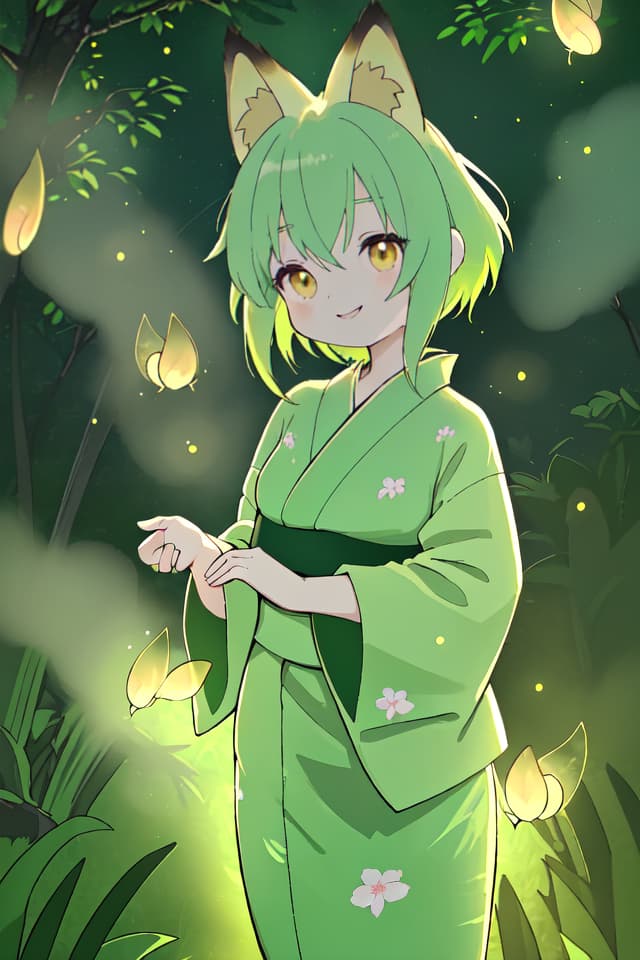  A yukata of the green hair character in the fox ear, the light of countless fireflies shines in the dark countryside, a very beautiful smile, a large amount of fireflies dancing, detailed shadows, delicate lines, detailed fine details. Line, ultra high image quality, 4K, 8K