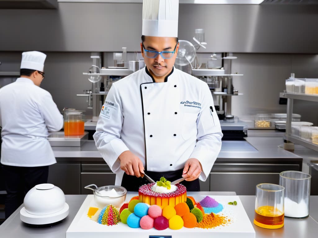  An ultradetailed image of a molecular gastronomy chef using scientific equipment in a modern kitchen laboratory, meticulously crafting intricate and visually stunning molecular desserts. The chef is surrounded by a variety of colorful ingredients and tools, showcasing the fusion of science and culinary art in the creation of innovative sweet treats. The image captures the precision and creativity involved in the process, highlighting the intersection of science, history, and culinary delight in the world of molecular pastry. hyperrealistic, full body, detailed clothing, highly detailed, cinematic lighting, stunningly beautiful, intricate, sharp focus, f/1. 8, 85mm, (centered image composition), (professionally color graded), ((bright soft diffused light)), volumetric fog, trending on instagram, trending on tumblr, HDR 4K, 8K