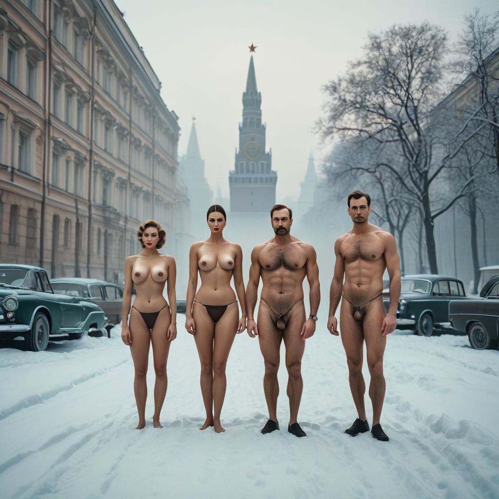  The Soviet naturist family. In winter Moscow, the 50s hyperrealistic, full body, detailed clothing, highly detailed, cinematic lighting, stunningly beautiful, intricate, sharp focus, f/1. 8, 85mm, (centered image composition), (professionally color graded), ((bright soft diffused light)), volumetric fog, trending on instagram, trending on tumblr, HDR 4K, 8K