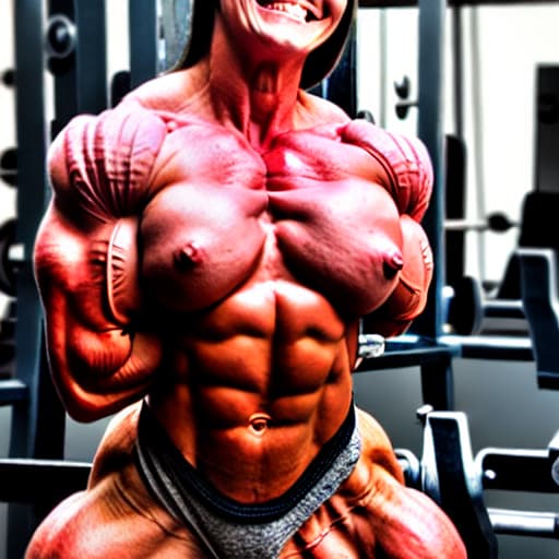  female bodybuilder, enormous muscles, nude, laughing, kneeling