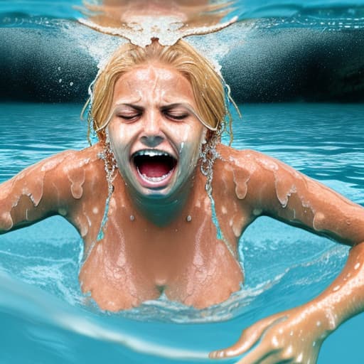  tanned blonde woman drowning and in water her face is above water she's screaming and panic