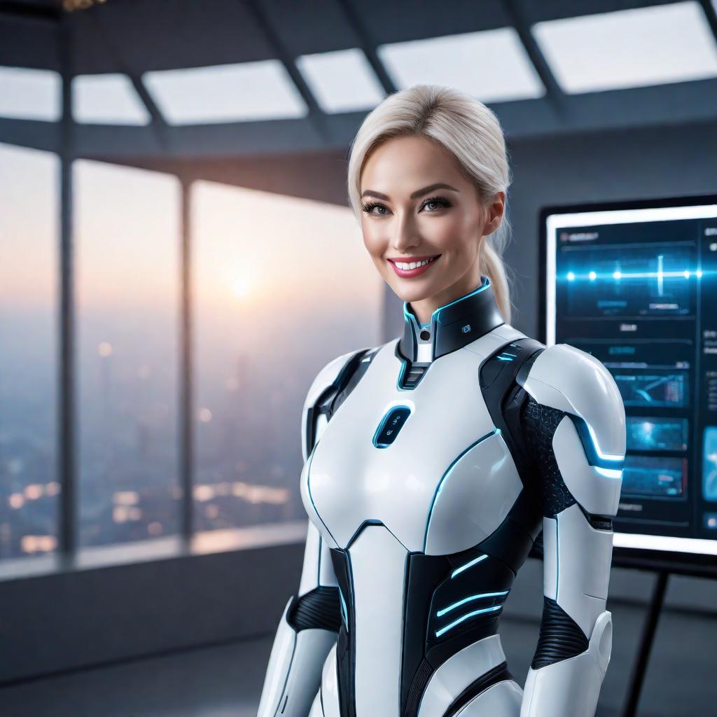  A friendly AI assistant responding to a user's request to generate an image based on their description. The AI assistant is depicted as a digital character with a smiling face, speaking in a helpful and welcoming manner. The background is a futuristic digital interface to emphasize the technology aspect. hyperrealistic, full body, detailed clothing, highly detailed, cinematic lighting, stunningly beautiful, intricate, sharp focus, f/1. 8, 85mm, (centered image composition), (professionally color graded), ((bright soft diffused light)), volumetric fog, trending on instagram, trending on tumblr, HDR 4K, 8K