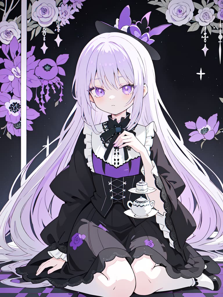  A gothic anime girl with long white hair and purple eyes,wearing an elaborate top hat adorned with black lace,sits on the floor surrounded by towering teapots,saucers,cakes,and a high tea setup in shades of lavender,gray,and deep indigo. The background is scattered with black and white checkered patterns reminiscent of chessboard like tables. Surrounded by wisteria flowers,with whimsical manga illustrations in dark violet and light emerald featuring highly detailed figures against minimalist backgrounds., masterpiece, best quality,8k,ultra detailed,high resolution,an extremely delicate and beautiful,hyper detail