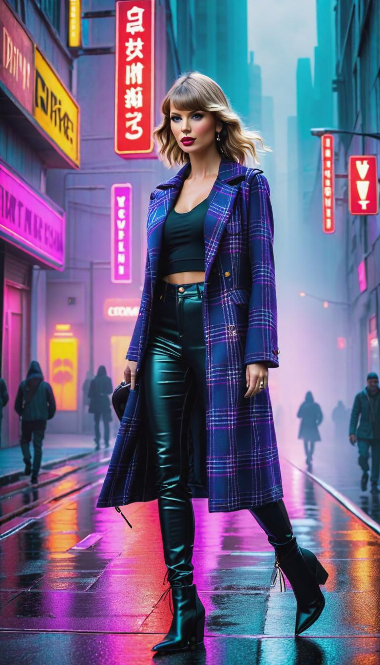  Cyberpunk style depiction of Taylor Swift wearing purple plaid . The scene is set in a world where technology has advanced, but society and human conditions have not, creating a gritty, dystopian atmosphere. hyperrealistic, full body, detailed clothing, highly detailed, cinematic lighting, stunningly beautiful, intricate, sharp focus, f/1. 8, 85mm, (centered image composition), (professionally color graded), ((bright soft diffused light)), volumetric fog, trending on instagram, trending on tumblr, HDR 4K, 8K