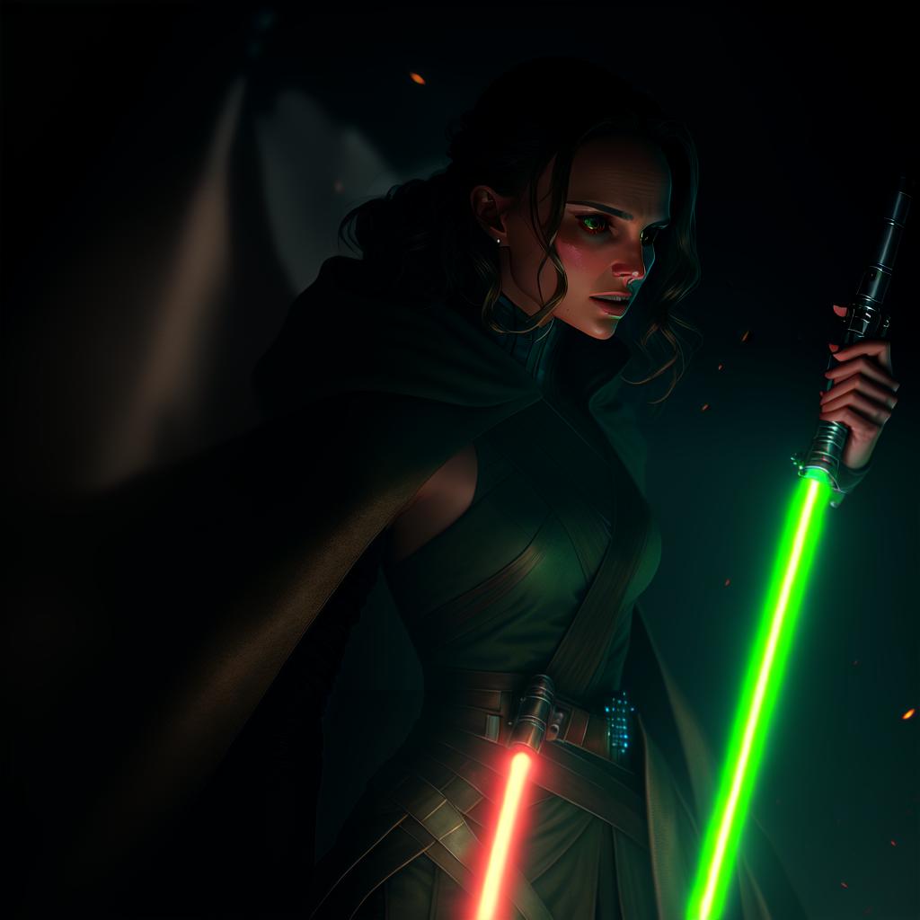  photorealistic wide shot of Natalie Portman as a Jedi knight using her lightsaber to light up a dark cave, light focussed on her face. realistic proportions hyperrealistic, full body, detailed clothing, highly detailed, cinematic lighting, stunningly beautiful, intricate, sharp focus, f/1. 8, 85mm, (centered image composition), (professionally color graded), ((bright soft diffused light)), volumetric fog, trending on instagram, trending on tumblr, HDR 4K, 8K