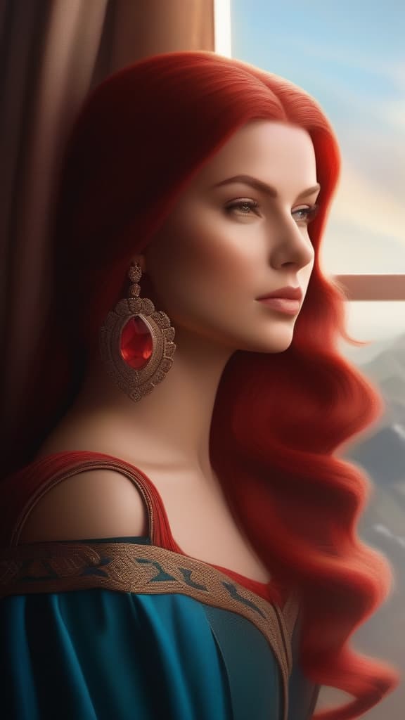  red long hair girl looking out a window, ((masterpiece)), best quality, very detailed, high resolution, sharp, sharp image, extremely detailed, 4k, 8k