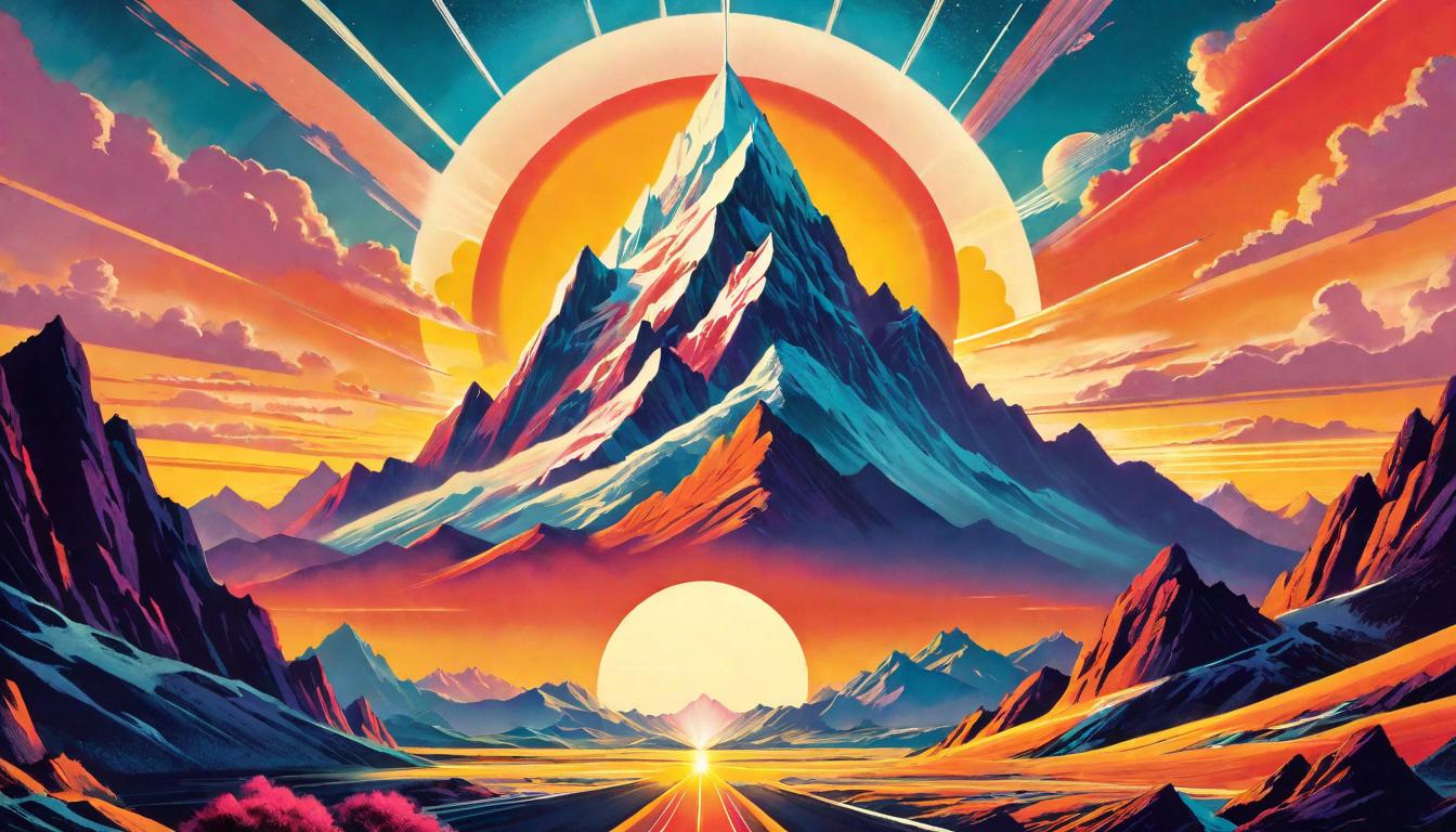  retro futuristic A sunrise cresting over a mountain range, symbolizing the dawn of influence and change that a wounded healer brings. New beginnings, Influence like dawn, Promise of a new day. lvintage sci fi, 50s and 60s style, atomic age, vibrant, highly detailed