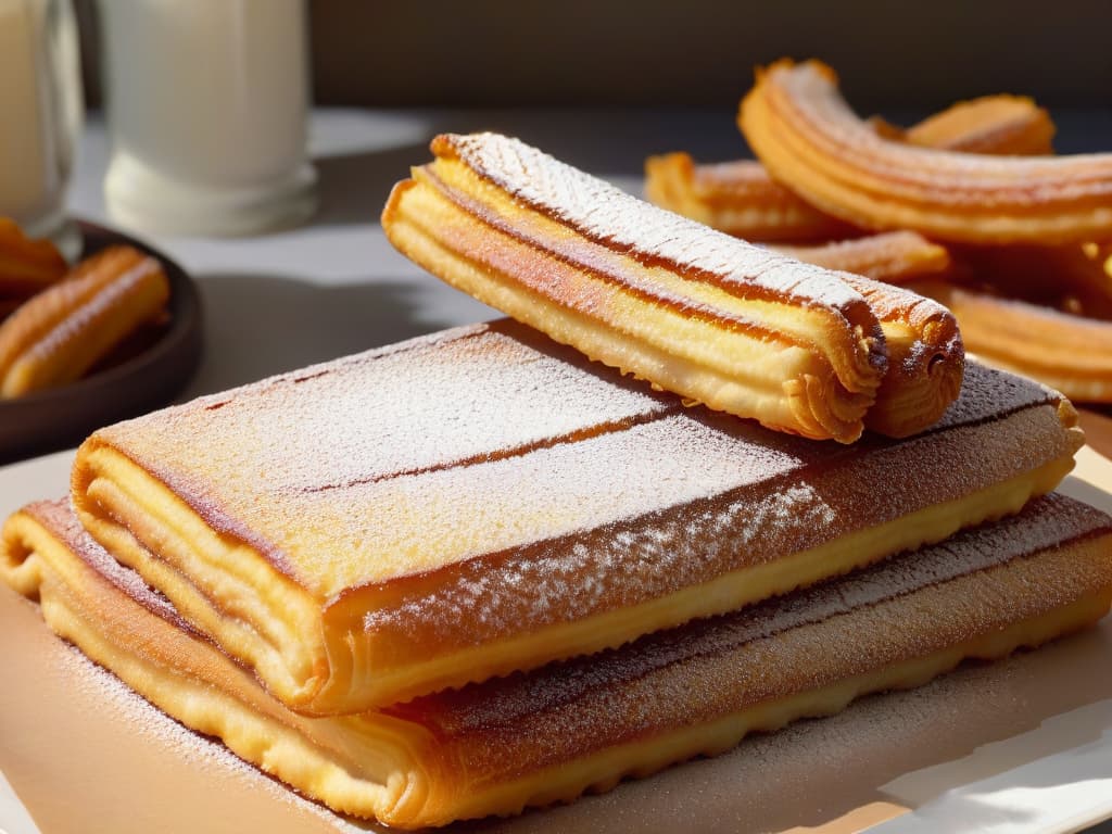  An ultradetailed closeup image of golden, crispy churros freshly fried to perfection, with a light dusting of sugar glistening in the sunlight. Each churro is perfectly ridged and slightly curved, showcasing the expert craftsmanship that goes into making these delightful treats. The texture is so detailed that you can almost hear the satisfying crunch as you take a bite. hyperrealistic, full body, detailed clothing, highly detailed, cinematic lighting, stunningly beautiful, intricate, sharp focus, f/1. 8, 85mm, (centered image composition), (professionally color graded), ((bright soft diffused light)), volumetric fog, trending on instagram, trending on tumblr, HDR 4K, 8K