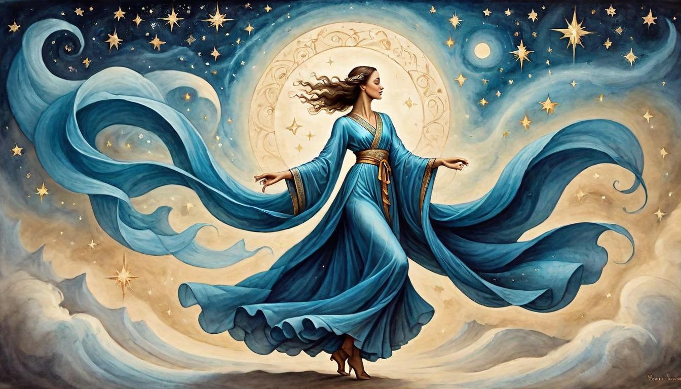  on parchment, surrealism+++, A dancer in flowing robes, moving gracefully through a starry void, each motion creating waves of energy, harmonious, powerful(mysterious, provocative, symbolic,muted color)+++