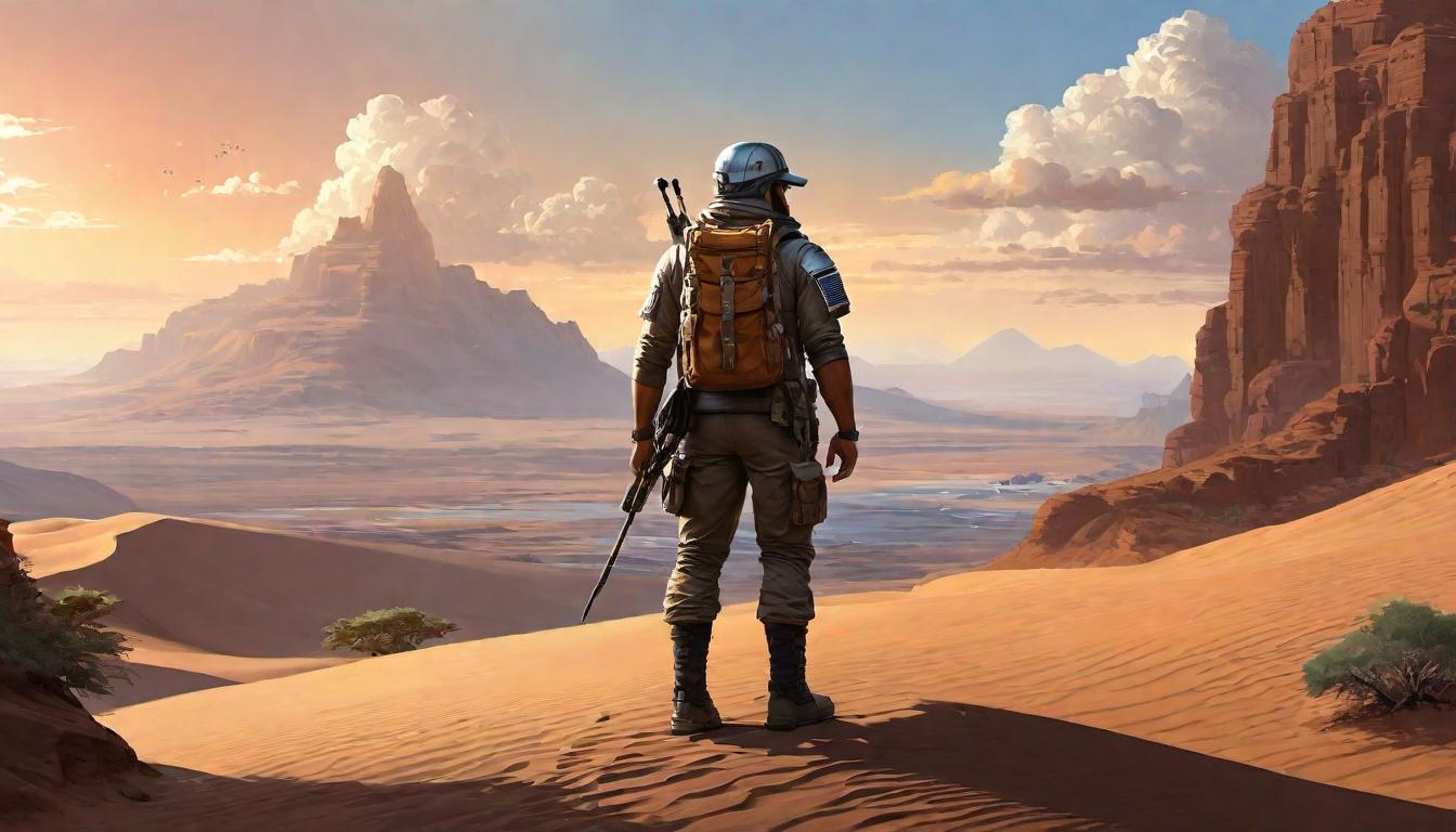  digital painting of Modern day explorers equipped with advanced technology, standing on a desert cliff, gazing at the horizon, sense of quest and enduring pursuit looking at viewer, dynamic pose, (intricate details, masterpiece, best quality)