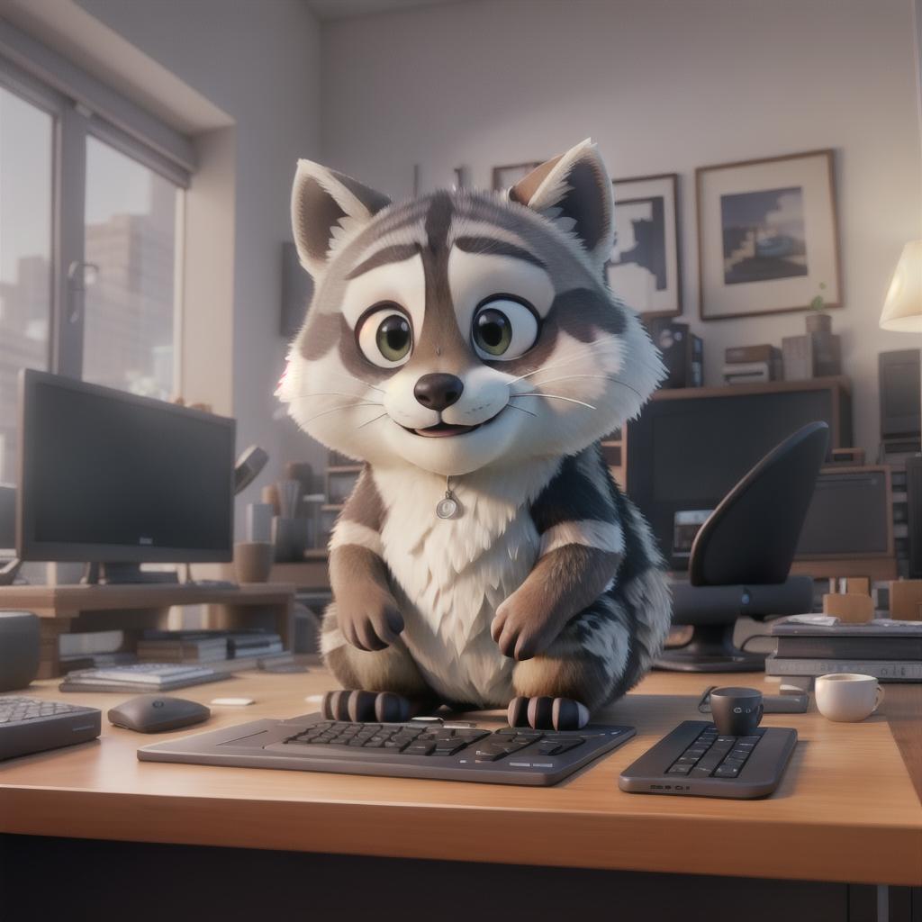  raccoon sitting in gaming chair front a computer on desktop, ((semi anthropomorphic)),(full body), tail, belly, sitting, fat, (chubby), (((white background))), solo, desktop, gaming chair, side view,  [[[clothes]]] hyperrealistic, full body, detailed clothing, highly detailed, cinematic lighting, stunningly beautiful, intricate, sharp focus, f/1. 8, 85mm, (centered image composition), (professionally color graded), ((bright soft diffused light)), volumetric fog, trending on instagram, trending on tumblr, HDR 4K, 8K