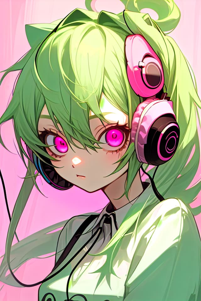  Green hair, pink eyes, cute sister, listening to music