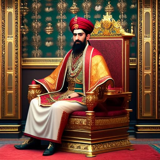  Young sultan Mehmed II pale face and brown eyes sitting on the throne, Ottoman miniature style hyperrealistic, full body, detailed clothing, highly detailed, cinematic lighting, stunningly beautiful, intricate, sharp focus, f/1. 8, 85mm, (centered image composition), (professionally color graded), ((bright soft diffused light)), volumetric fog, trending on instagram, trending on tumblr, HDR 4K, 8K