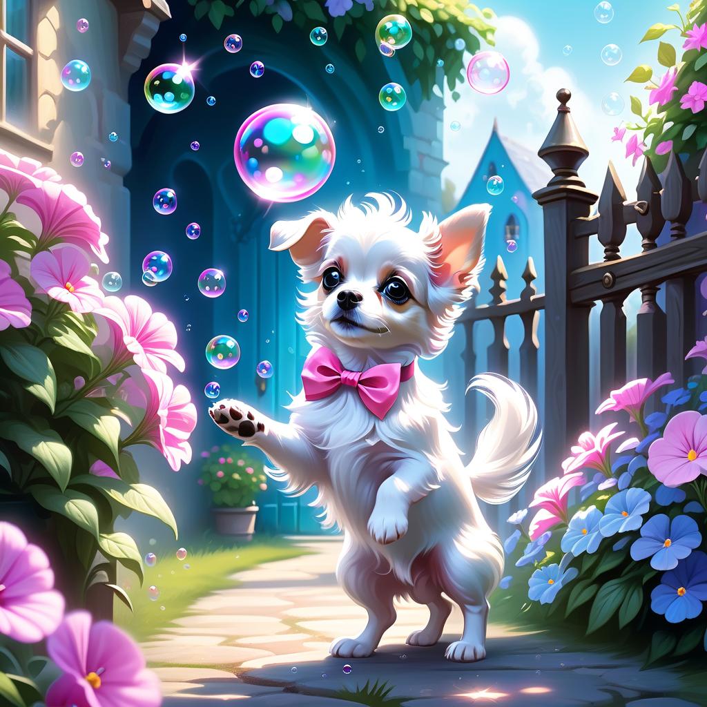  ethereal fantasy concept art of (A small dog with a pink bow on its head) catches soap bubbles with its paw. (Background): summer, a cosy courtyard with a fence. Petunias are blooming near the fence: blue, pink colours. . magnificent, celestial, ethereal, painterly, epic, majestic, magical, fantasy art, cover art, dreamy hyperrealistic, full body, detailed clothing, highly detailed, cinematic lighting, stunningly beautiful, intricate, sharp focus, f/1. 8, 85mm, (centered image composition), (professionally color graded), ((bright soft diffused light)), volumetric fog, trending on instagram, trending on tumblr, HDR 4K, 8K