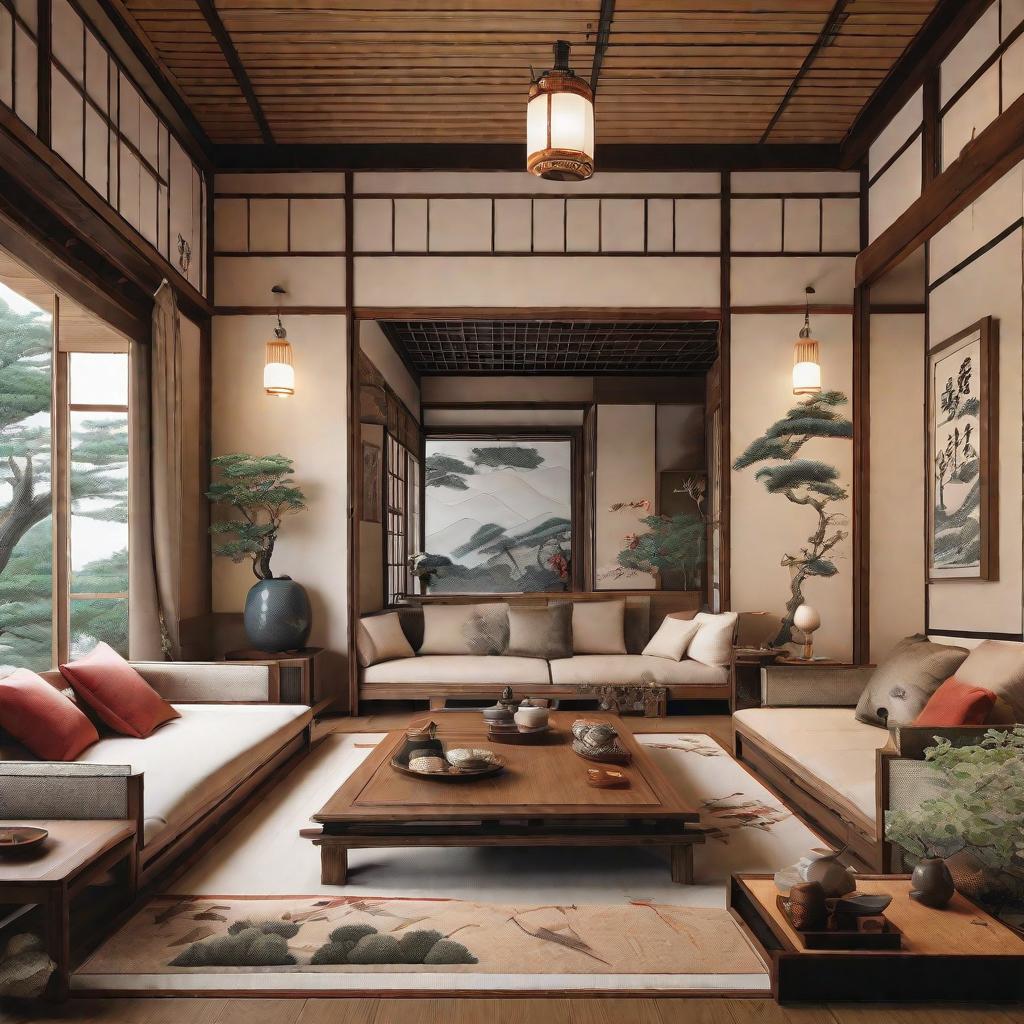  masterpiece, best quality,Japanese style living room with detailed interior decoration drawings,