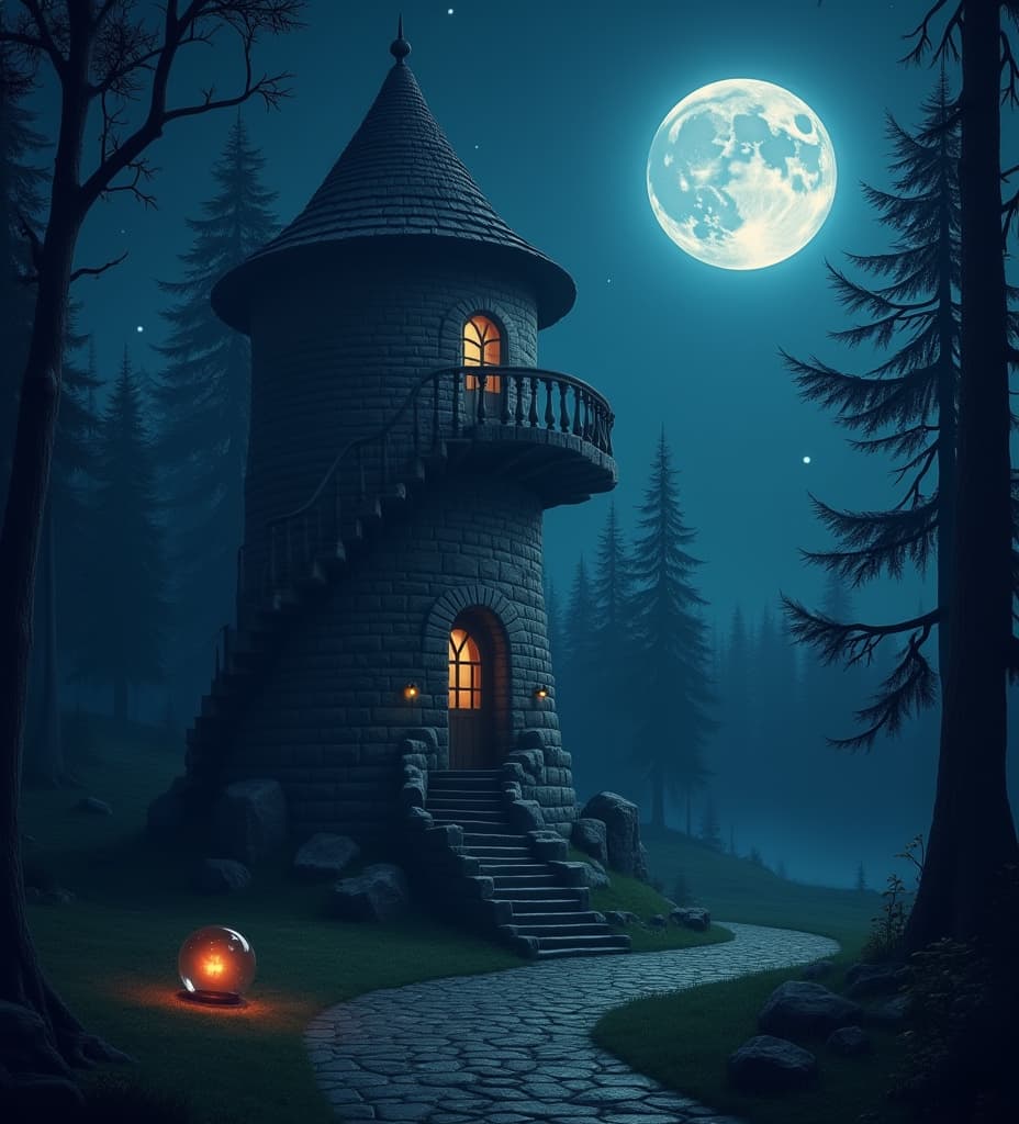  good quality, high quality, a fantasy setting of a wizard tower at night with a full moon. the tower is made of stone and has a spiral staircase. there's a glowing orb floating near the tower. the background reveals a mystical forest with tall trees. the sky is clear with a few stars.