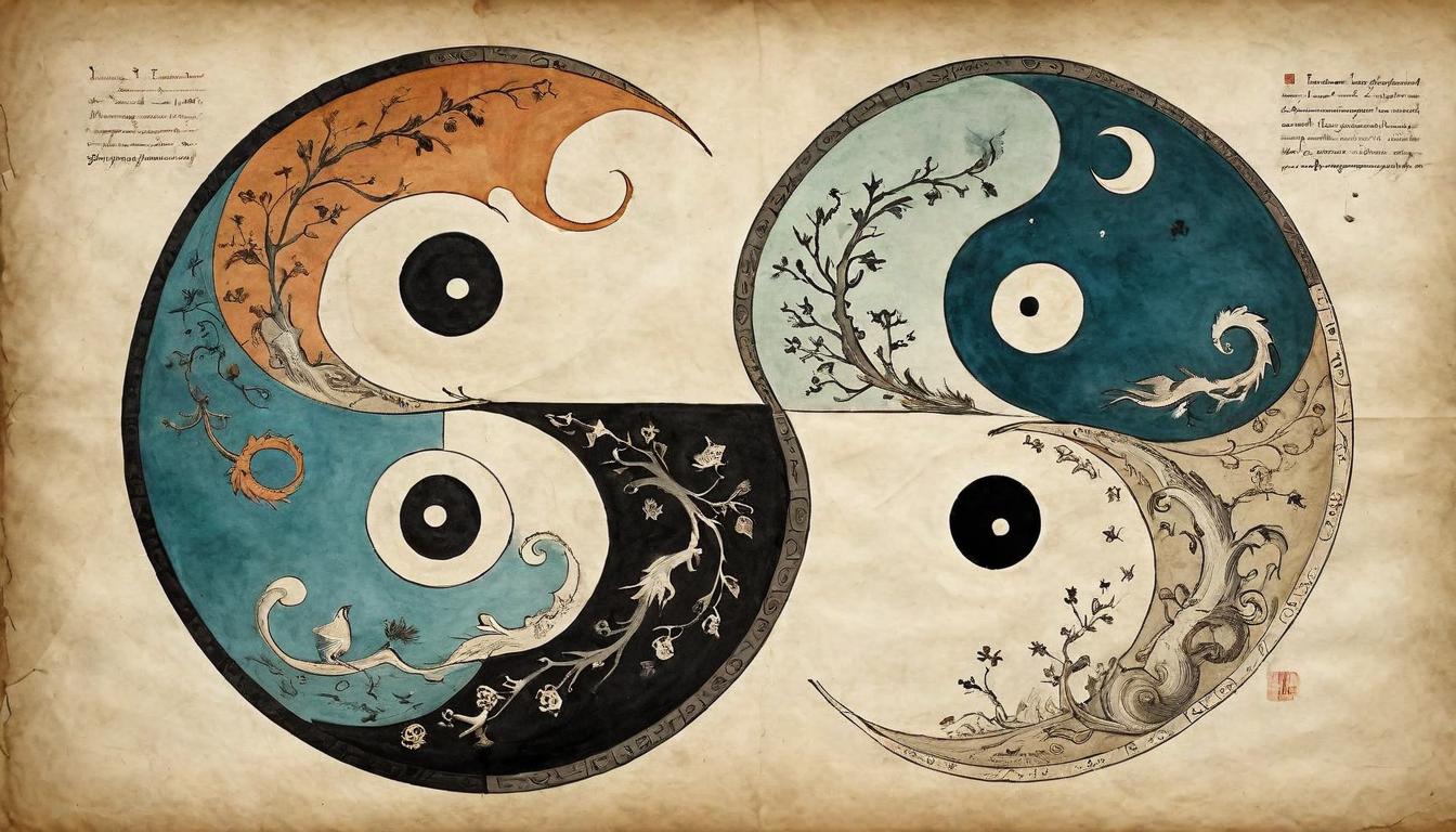  on parchment, surrealism+++, A yin yang symbol, half in shadow, half in light, embodying the duality of existence, wisdom through contrast, harmonious, insightful(mysterious, provocative, symbolic,muted color)+++