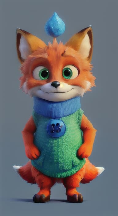  {Error the fox pressing the blue button with his paw, looking puzzled as nothing occurs., Error is a small, bright orange fox with a fluffy tail and big, inquisitive eyes. He has a mischievous yet kind expression and wears a tiny green scarf.