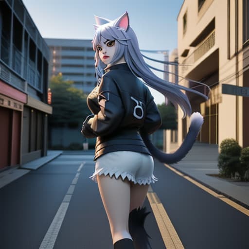  an anime girl with cat ears cat tail cat eyes walking into a realistic world