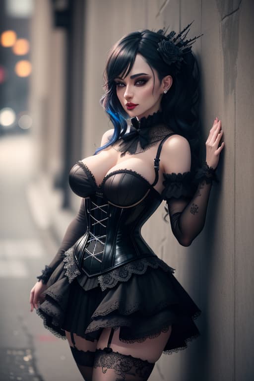  Beautiful gothic woman wearing corset and short tutu standing in front of a wall with graffiti, nylons, leggy, realistic hyperrealistic, full body, detailed clothing, highly detailed, cinematic lighting, stunningly beautiful, intricate, sharp focus, f/1. 8, 85mm, (centered image composition), (professionally color graded), ((bright soft diffused light)), volumetric fog, trending on instagram, trending on tumblr, HDR 4K, 8K