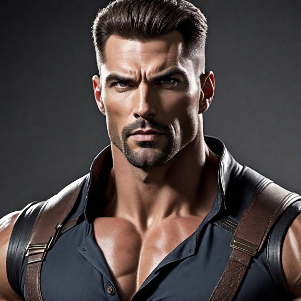  an ultra-manly man with even more exaggerated masculine features than the previous generation, such as a very intense gaze, an even stronger jawline, larger muscles, and an extremely confident stance. He should represent a pinnacle of traditional masculinity, in a hyperbolic, comic-book hero style that is both impressive and tasteful, while being careful not to portray any offensive stereotypes. hyperrealistic, full body, detailed clothing, highly detailed, cinematic lighting, stunningly beautiful, intricate, sharp focus, f/1. 8, 85mm, (centered image composition), (professionally color graded), ((bright soft diffused light)), volumetric fog, trending on instagram, trending on tumblr, HDR 4K, 8K