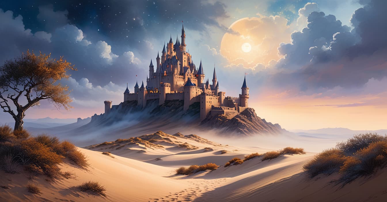  watercolor painting a castle on top of a desret dune surrounded by clouds, watercolor, acrylic painting, inspired by Andreas Rocha, night desert landscape, starry night, dart tones . vibrant, beautiful, painterly, detailed, textural, artistic hyperrealistic, full body, detailed clothing, highly detailed, cinematic lighting, stunningly beautiful, intricate, sharp focus, f/1. 8, 85mm, (centered image composition), (professionally color graded), ((bright soft diffused light)), volumetric fog, trending on instagram, trending on tumblr, HDR 4K, 8K