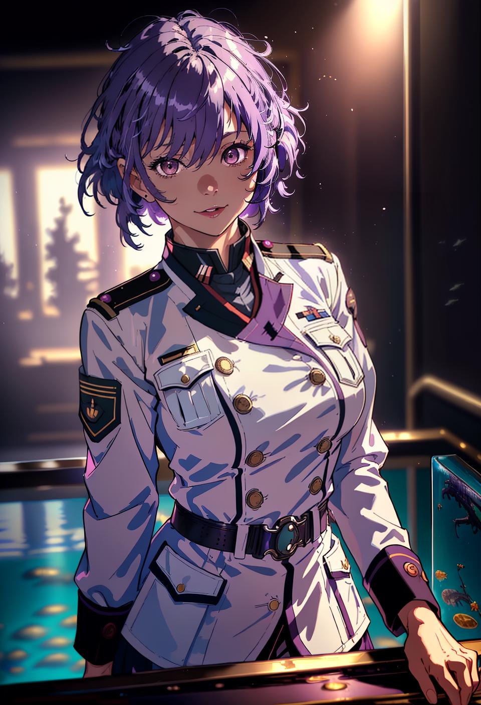  ((trending, highres, masterpiece, cinematic shot)), 1girl, mature, female military uniform, large, aquarium scene, very short messy light purple hair, hair covering one eye, large brown eyes, reserved personality, happy expression, dark skin, magical, energetic