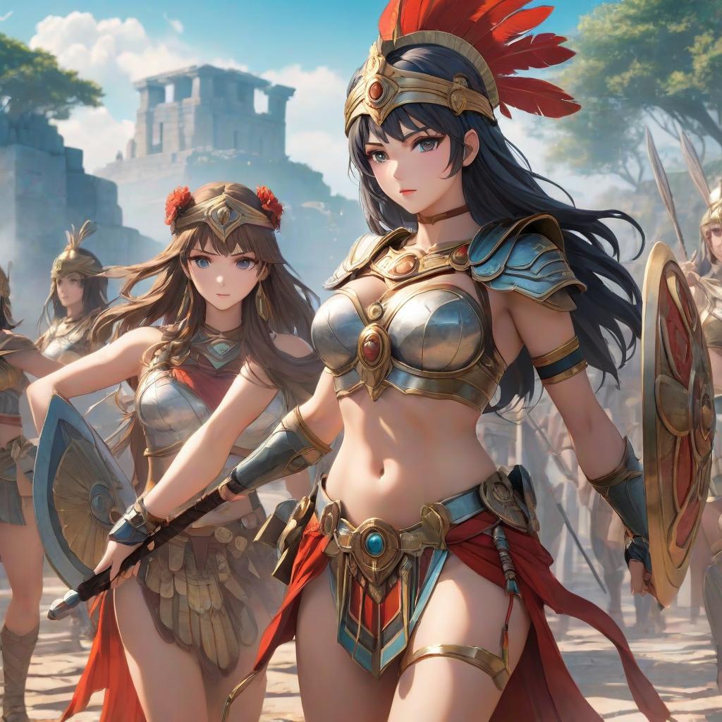  anime artwork Ancient Greece menad warrior women . anime style, key visual, vibrant, studio anime, highly detailed hyperrealistic, full body, detailed clothing, highly detailed, cinematic lighting, stunningly beautiful, intricate, sharp focus, f/1. 8, 85mm, (centered image composition), (professionally color graded), ((bright soft diffused light)), volumetric fog, trending on instagram, trending on tumblr, HDR 4K, 8K