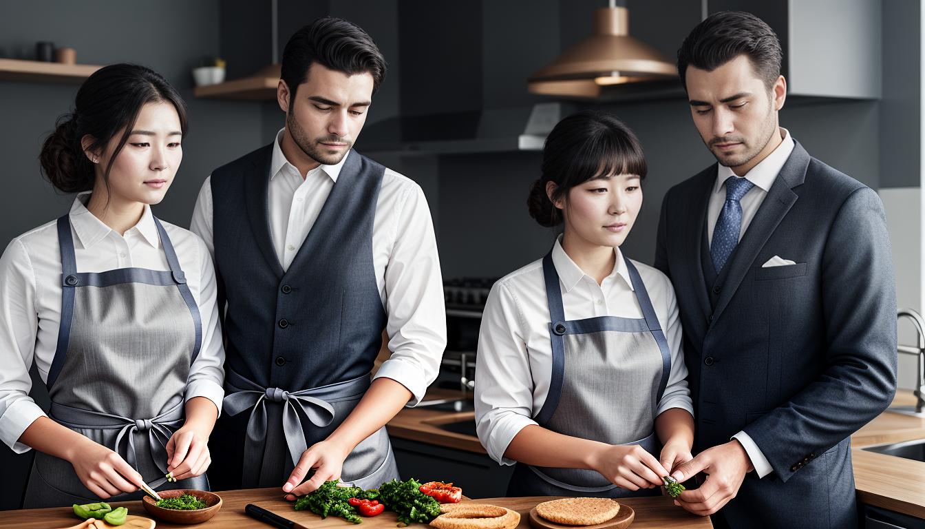  digital illustration, one woman and one man, looking dissatisfied, the man in a suit and the woman in a traditional apron, mismatch, discomfort, looking at viewer, dynamic pose, (intricate details, masterpiece, best quality)