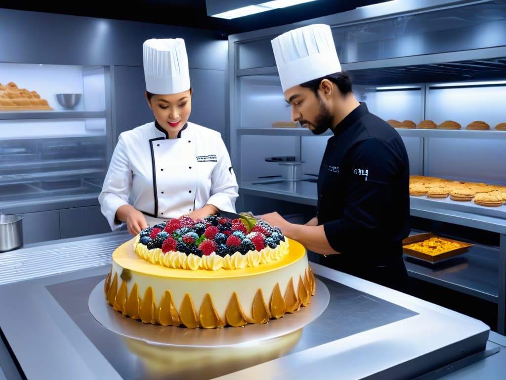  An ultradetailed photorealistic image of a sleek, futuristic kitchen with holographic displays showcasing intricate stepbystep augmented reality tutorials for advanced pastry techniques. The room is filled with stateoftheart baking equipment and tools, exuding a sense of professionalism and innovation. A talented pastry chef, surrounded by virtual ingredients and digital guides, is seen creating a stunning, elaborate dessert with precision and focus, capturing the essence of advanced pastry making in the digital age. hyperrealistic, full body, detailed clothing, highly detailed, cinematic lighting, stunningly beautiful, intricate, sharp focus, f/1. 8, 85mm, (centered image composition), (professionally color graded), ((bright soft diffused light)), volumetric fog, trending on instagram, trending on tumblr, HDR 4K, 8K