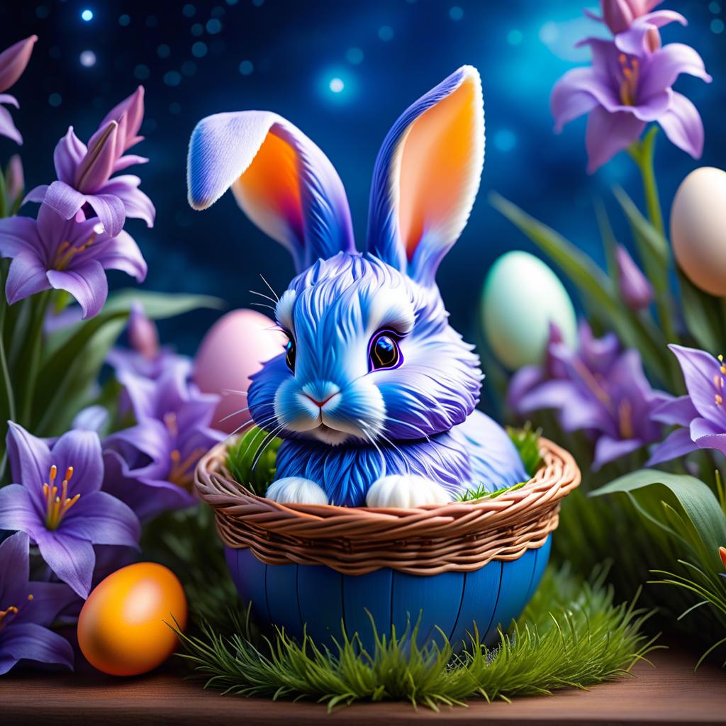  ethereal fantasy concept art of (Sky):starry night. (Colour):dark blue, violet, lilac. Yellow, orange cream lilies blossom on the background of the starry sky. On the openwork tablecloth is an Easter basket with Easter eggs. In the centre of the basket is a large decorative glass egg on a carved wooden stand. In the egg sits the Easter Bunny. (Bunny). Description: a small fluffy adorable bunny. Wool of delicate pastel colours: blue, lilac, the colour of cocoa with milk. Sits in the young grass around him painted Easter eggs: lilac pink orange red, blue, lettuce. . magnificent, celestial, ethereal, painterly, epic, majestic, magical, fantasy art, cover art, dreamy hyperrealistic, full body, detailed clothing, highly detailed, cinematic lighting, stunningly beautiful, intricate, sharp focus, f/1. 8, 85mm, (centered image composition), (professionally color graded), ((bright soft diffused light)), volumetric fog, trending on instagram, trending on tumblr, HDR 4K, 8K