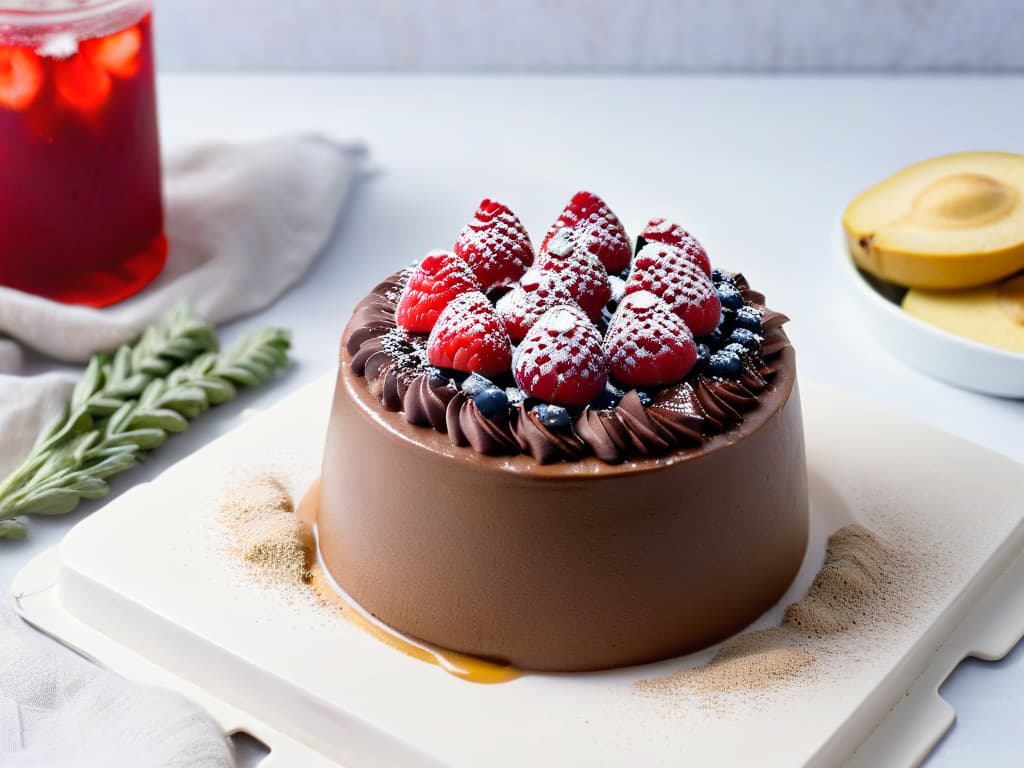  An ultrahigh resolution image featuring a closeup shot of a decadent chocolate avocado mousse topped with fresh raspberries and a sprinkle of chia seeds, set against a sleek, minimalist backdrop. The velvety texture of the mousse contrasts beautifully with the vibrant red hues of the berries, creating a visually striking and appetizing composition that perfectly embodies the fusion of superfoods and indulgent desserts. hyperrealistic, full body, detailed clothing, highly detailed, cinematic lighting, stunningly beautiful, intricate, sharp focus, f/1. 8, 85mm, (centered image composition), (professionally color graded), ((bright soft diffused light)), volumetric fog, trending on instagram, trending on tumblr, HDR 4K, 8K