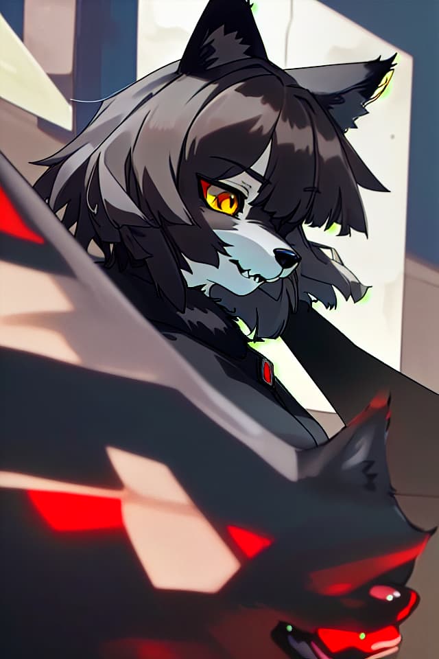  ultra detailed:1.2,masterpiece:1.2,bestquality,hdr:1.1,8k:1.1,very cool girl:1.1,wolf ears:1.2,(black wolf girl,furry:1.5),black hair:1.1,short hair:1.0,hair over one eye:1.0,scarlet eyes:1.0,face close up:1.0,face focus:1.0,from side:1.3,black suit:1.2,