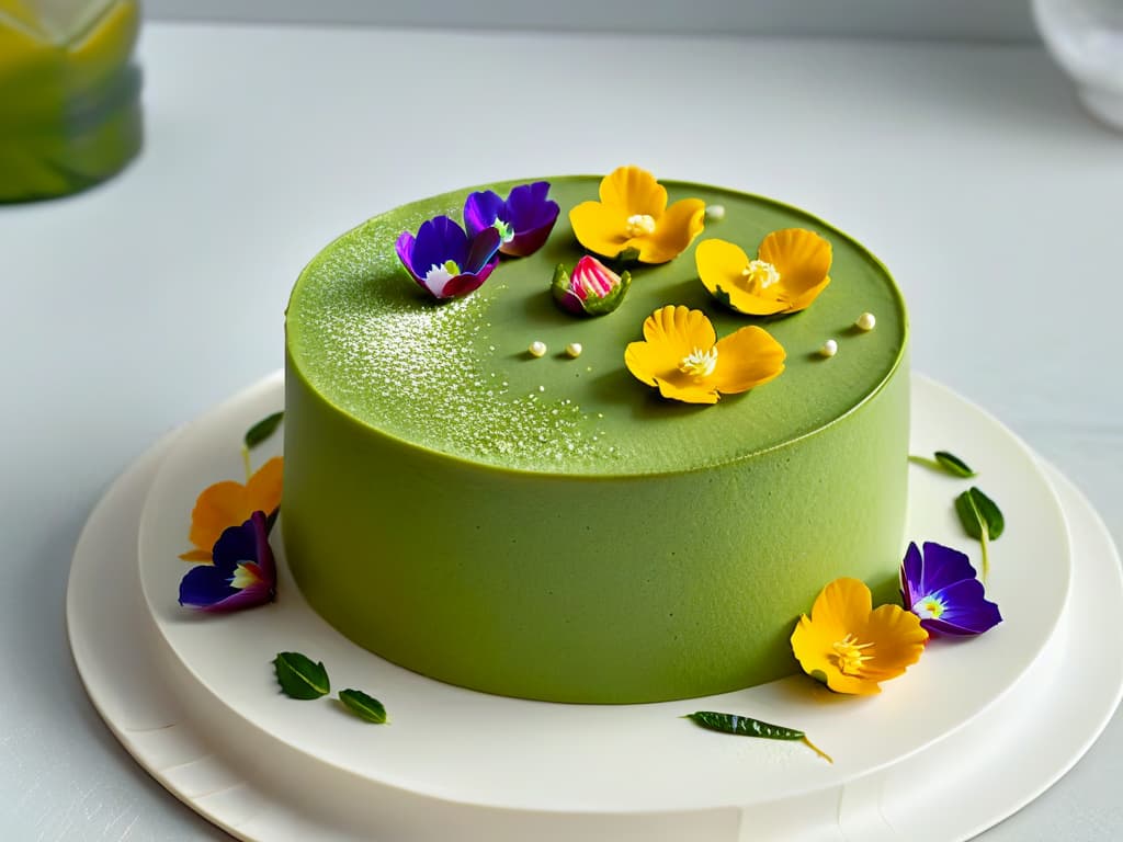  An 8k ultradetailed image of a delicate matcha green tea cake adorned with vibrant edible flowers, served on a modern, sleek plate against a simple, elegant backdrop to complement the minimalistic style of the article. hyperrealistic, full body, detailed clothing, highly detailed, cinematic lighting, stunningly beautiful, intricate, sharp focus, f/1. 8, 85mm, (centered image composition), (professionally color graded), ((bright soft diffused light)), volumetric fog, trending on instagram, trending on tumblr, HDR 4K, 8K