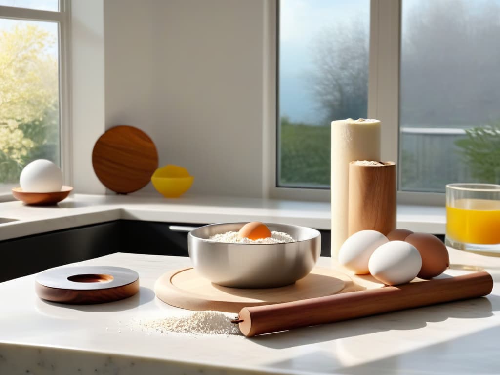  A photorealistic image of a sleek, modern kitchen countertop adorned with a highend, professionalgrade marble rolling pin, surrounded by neatly arranged ingredients like flour, eggs, and a sprinkle of cinnamon. The soft, natural light filtering through a nearby window highlights the intricate details of the marble's veins and the fine texture of the wooden countertop. The scene exudes a sense of culinary sophistication and the importance of investing in quality baking tools. hyperrealistic, full body, detailed clothing, highly detailed, cinematic lighting, stunningly beautiful, intricate, sharp focus, f/1. 8, 85mm, (centered image composition), (professionally color graded), ((bright soft diffused light)), volumetric fog, trending on instagram, trending on tumblr, HDR 4K, 8K