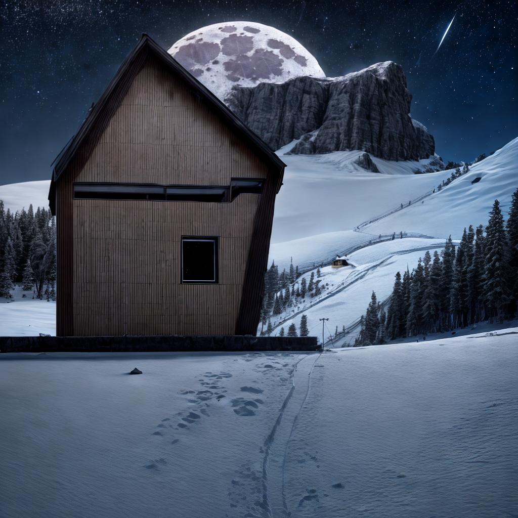  a house on a big mountain by night, moon in sky, starlight , best quality, masterpiece, RAW Photo, ultrahigh res, highly detailed, sharp focus