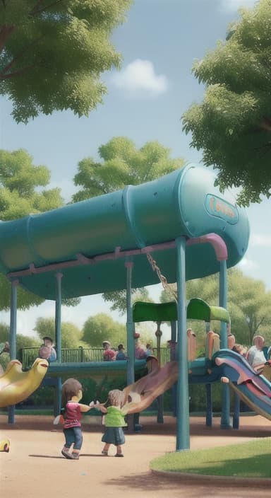  {Children playing in a sunny park with swings and slides., Same group of happy children, now wearing casual play clothes.