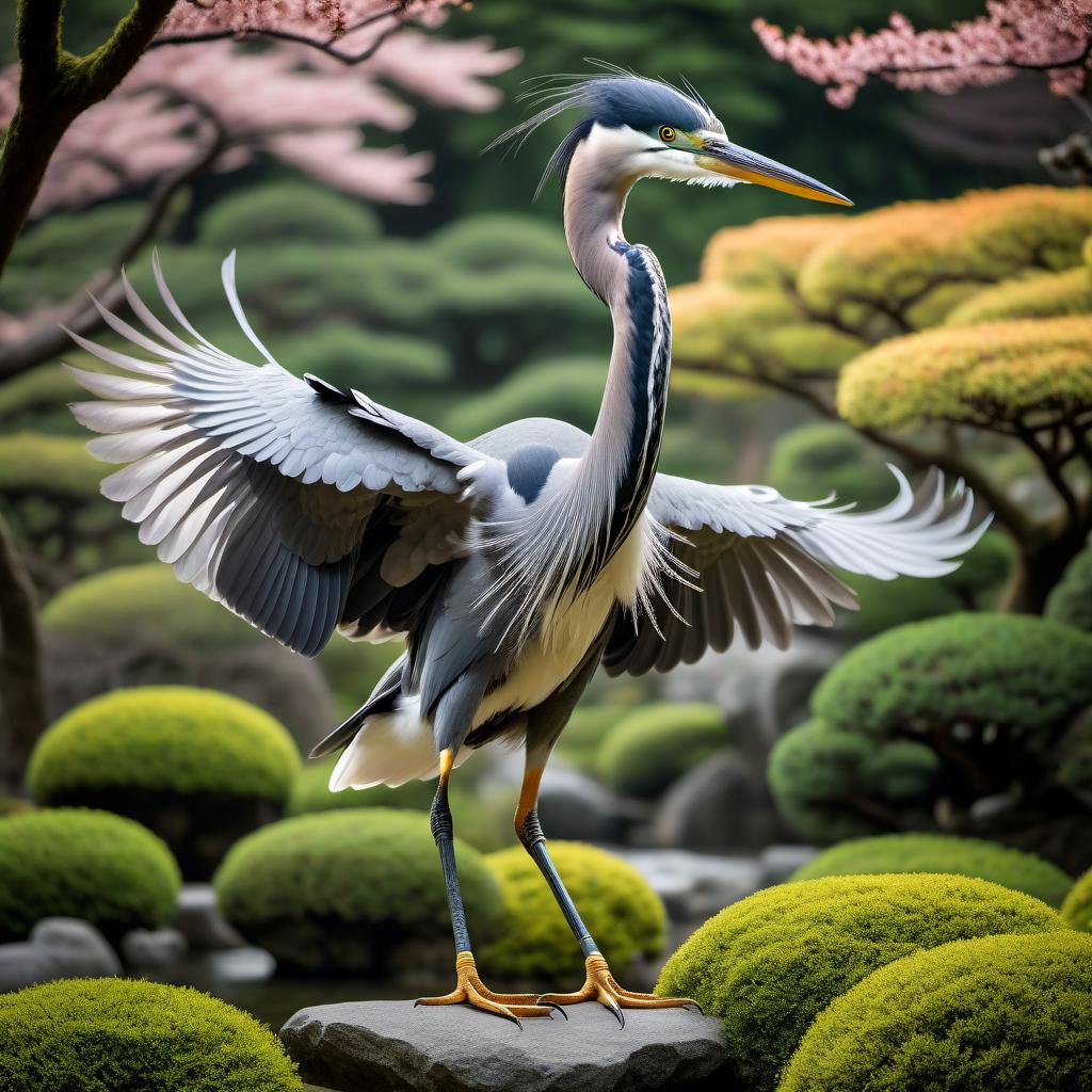  A humanoid heron stands in a Japanese garden, practicing Kung Fu. hyperrealistic, full body, detailed clothing, highly detailed, cinematic lighting, stunningly beautiful, intricate, sharp focus, f/1. 8, 85mm, (centered image composition), (professionally color graded), ((bright soft diffused light)), volumetric fog, trending on instagram, trending on tumblr, HDR 4K, 8K