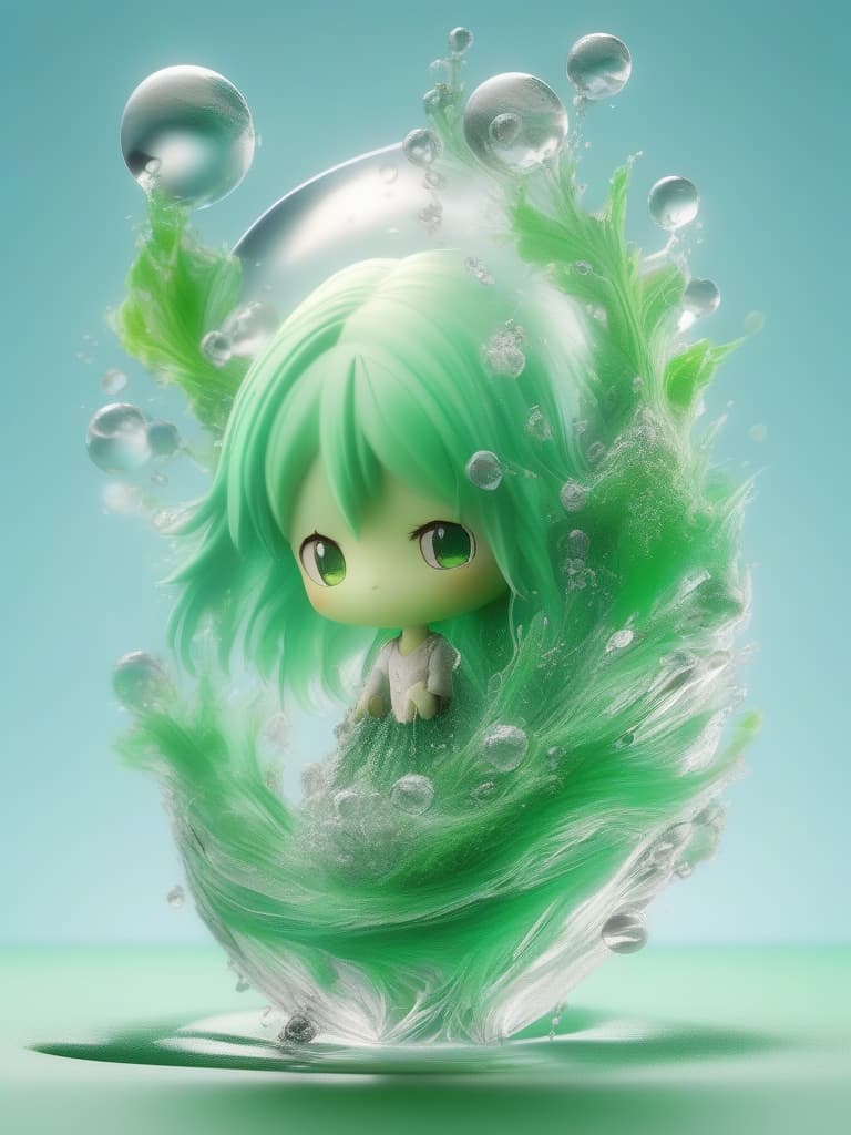  Green hair character in a large droplet drip, masterpiece, best quality,8k,ultra detailed,high resolution,an extremely delicate and beautiful,hyper detail