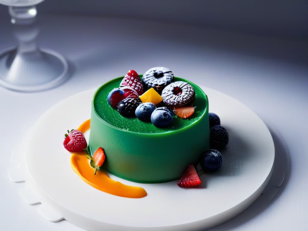  A closeup, ultrahighresolution image of a delicately crafted 3D printed dessert, showcasing intricate details and vibrant colors. The dessert is elegantly presented on a sleek, modern plate, with soft lighting emphasizing its texture and design. The background is blurred to keep the focus on the dessert, creating a visually appealing and minimalistic composition that embodies the fusion of technology and gastronomy in personalized nutrition. hyperrealistic, full body, detailed clothing, highly detailed, cinematic lighting, stunningly beautiful, intricate, sharp focus, f/1. 8, 85mm, (centered image composition), (professionally color graded), ((bright soft diffused light)), volumetric fog, trending on instagram, trending on tumblr, HDR 4K, 8K