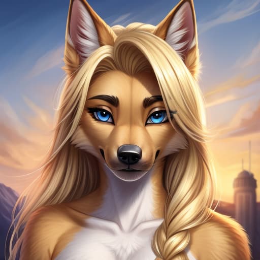  Anthro, Female, German Shepard, blue eyes, blond hair, open eyes, digital art, masterpiece, 4k, fine details,