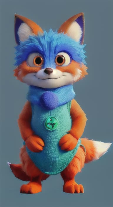  {Error the fox pressing the blue button with his paw, looking puzzled as nothing occurs., Error is a small, bright orange fox with a fluffy tail and big, inquisitive eyes. He has a mischievous yet kind expression and wears a tiny green scarf.